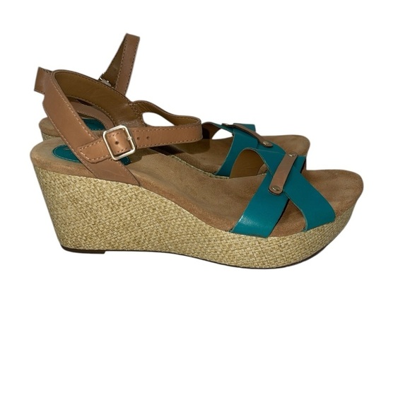 Clarks Artisan Women's Shoes Size 8.5M Turquoise/Brown Leather Wedge Platform - Picture 2 of 13